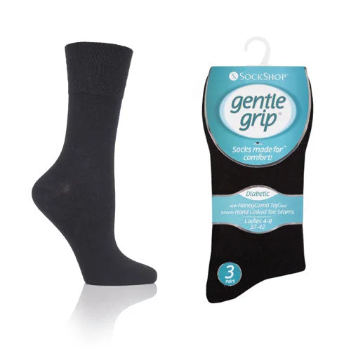 Thin cotton socks for warm weather-3 Pairs - Black - Ladies Gentle Grip Diabetic Socks Size 4-8