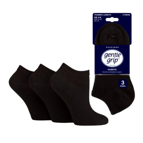 Long sports socks for athletes-3 Pairs - Black - Ladies Gentle Grip HoneyComb Top Diabetic Trainer Socks Size 4-8