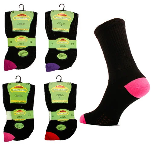 Grip crew socks for safety-3 Pairs - Ladies Extra Wide Diabetic Socks Size 4-8 - Black With Coloured Heel/Toe