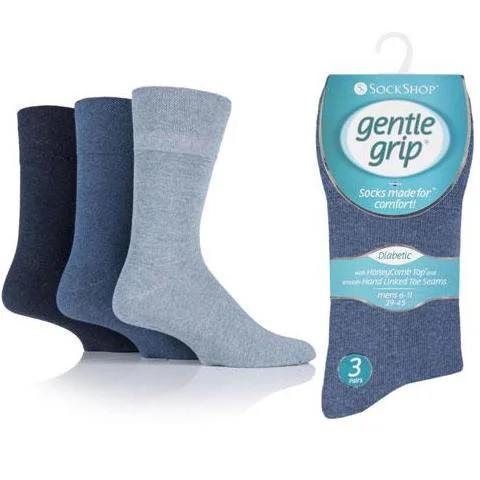 Large thermal socks for outdoor-3 Pairs Blue Mix - Bigfoot - Mens Gentle Grip Non Elastic EasyFit HoneyComb Top Diabetic Socks Size 12-14