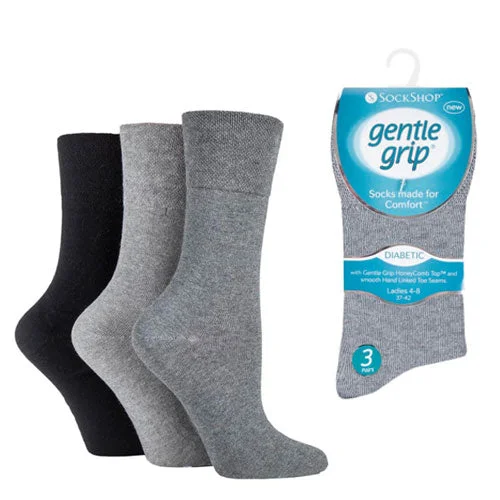 Vintage argyle socks for preppy-3 Pairs - Grey Mix - Ladies Gentle Grip Diabetic Socks Size 4-8