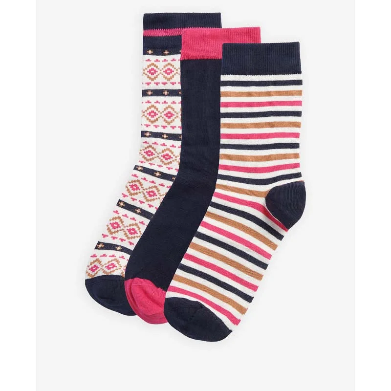 Colorful ankle socks for fashion-Barbour Claudia Fairisle Ladies Sock Gift Box (Set of 3) - Navy/Pink Mix