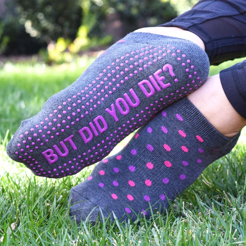 Rustic plaid ankle socks for warmth-But Did You Die Sticky Socks in Polka Dots | Barre Pilates Yoga Giftable Anti-Slip Grippy Socks