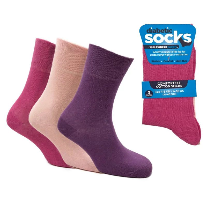 Large cotton socks for daily wear-3 Pairs Pink/Purple Mix - Ladies Diabetic Soft Grip Non Elastic Loose Weave Top Diabetic Socks Size 4-8