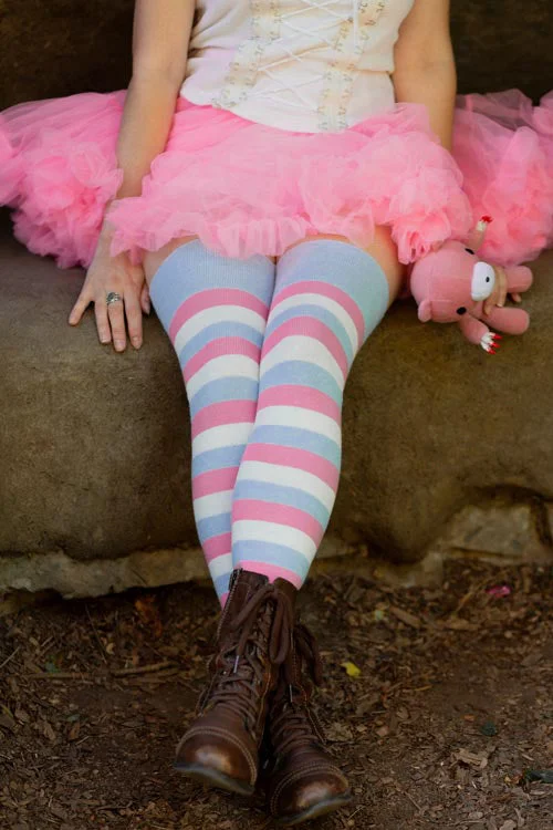 Grip ankle socks for safety-Cotton Candy Stripes Extraordinary Thigh High