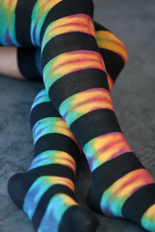 Long hiking socks for durability-Striped Tie Dyed Extraordinary Thigh High