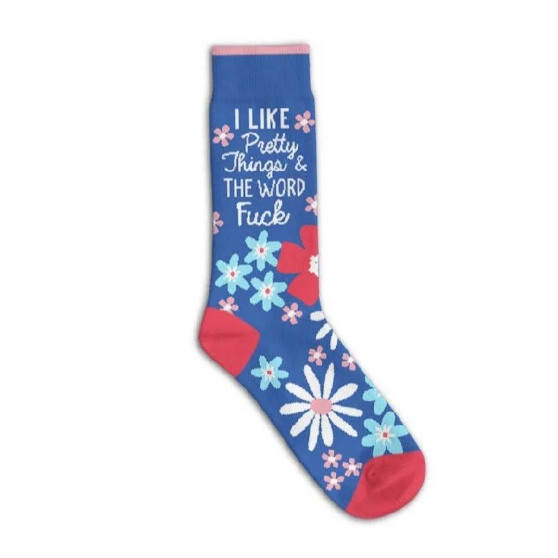 Small novelty socks for fun style-I Like Pretty Things and the Word Fuck Socks | Blue Floral Funny Socks