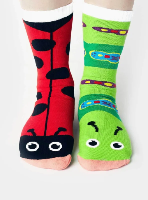 Thick hiking crew socks for trails-Ladybug & Caterpillar | Adult Socks| Pals Fun Mismatched Socks