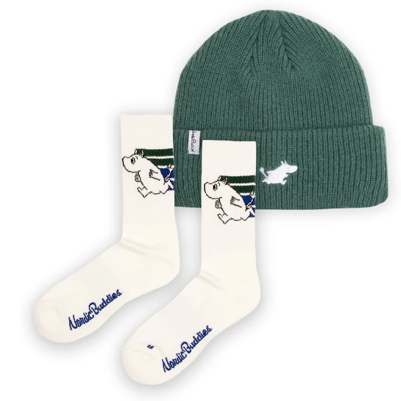 Large knee-high crew socks for fashion-Moomintroll Active Socks and Beanie Combo - Green & White