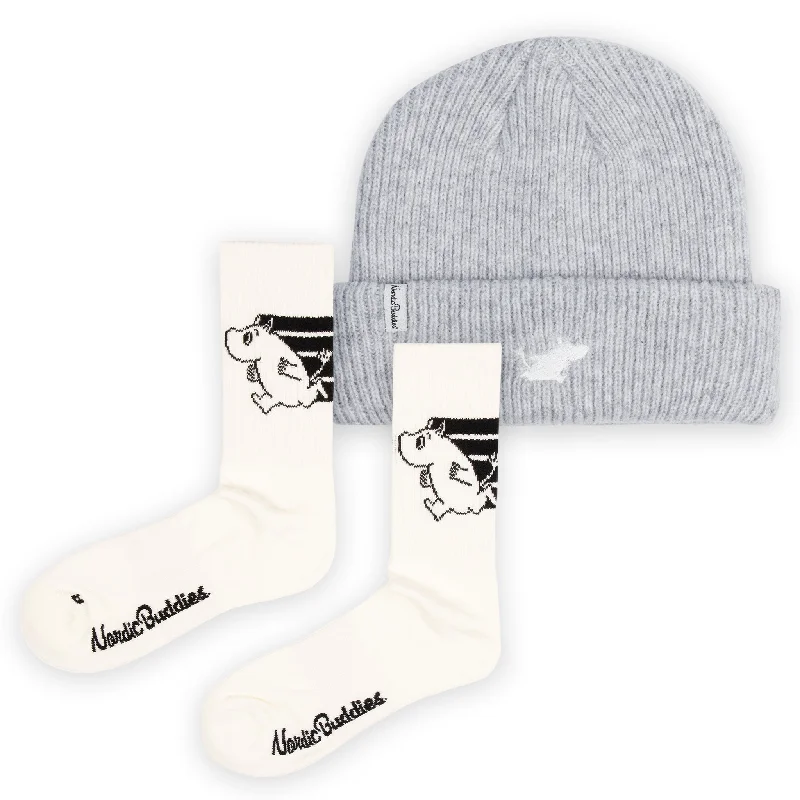 Vintage patterned crew socks for charm-Moomintroll Active Socks and Beanie Combo - Grey & White