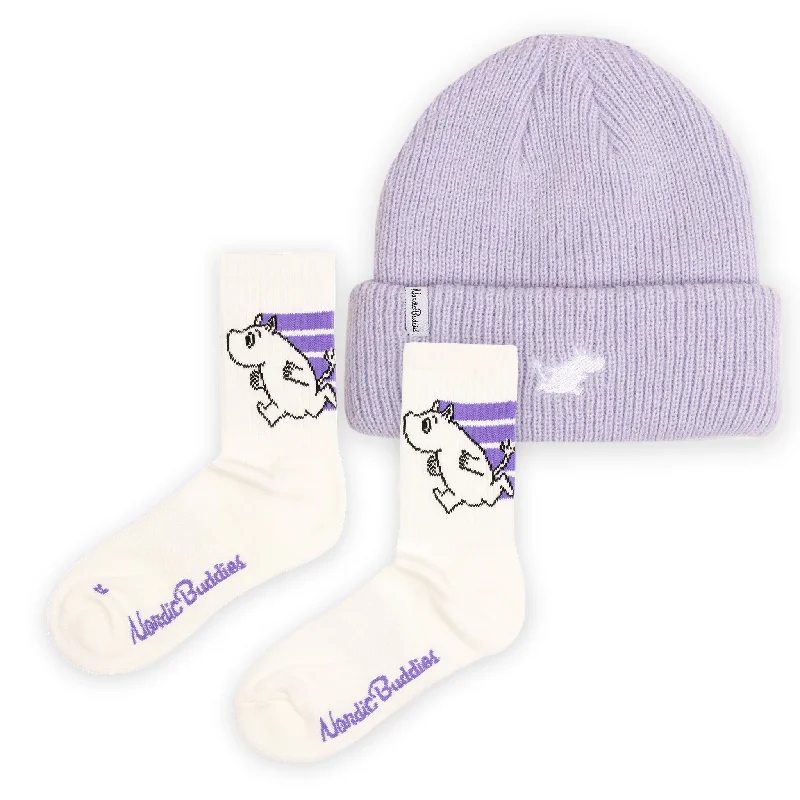 Luxury cashmere crew socks for elegance-Moomintroll Active Socks and Beanie Combo - Lilac & White