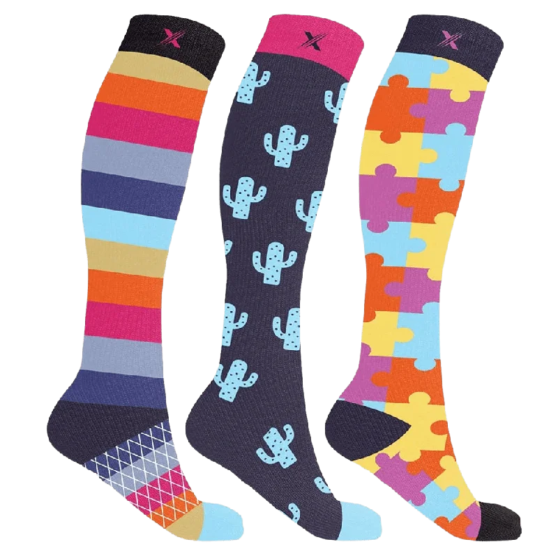 Thick hiking ankle socks for camping-Cactus Puzzles Compression Socks (3-Pairs)