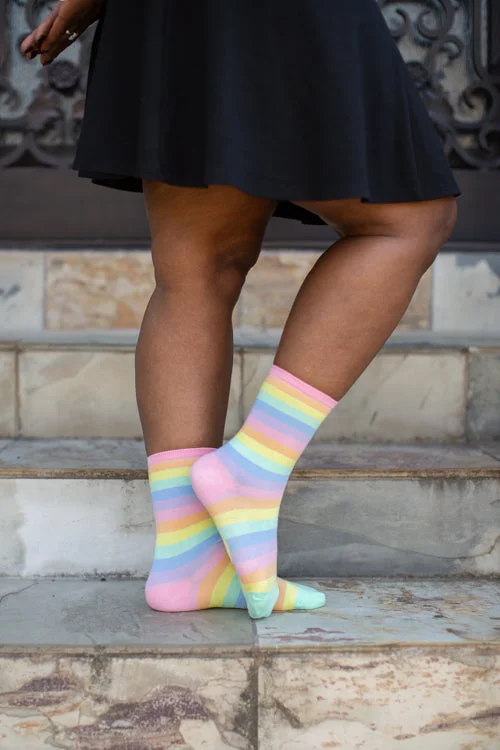 Minimalist black crew socks for everyday-Pastel Rainbow Striped Crew