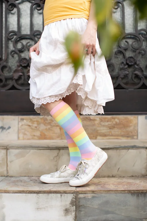 Grip ankle socks for exercise-Pastel Rainbow Striped Knee High