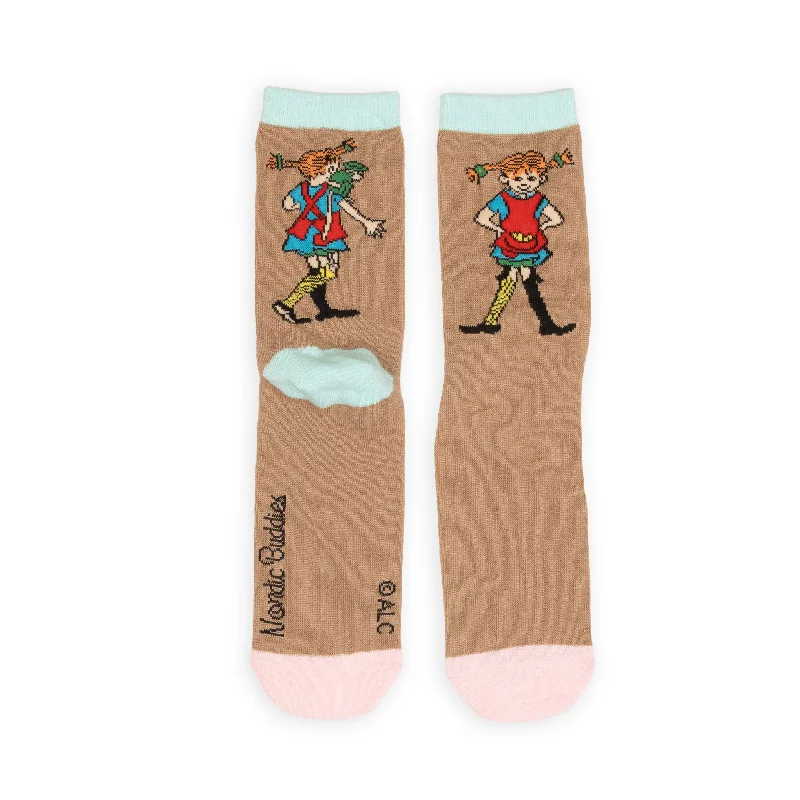 Vintage wool crew socks for retro vibe-Pippi and Mr. Nilsson Women's Socks - Brown