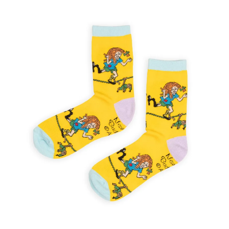 Patterned socks for office fashion-Pippi and Mr. Nilsson Women's Socks - Yellow