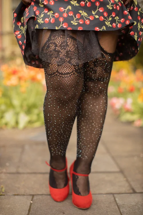 Vintage crew socks for classic-Plus Size Rhinestone Lace Top Fishnet Stockings with Attached Garter