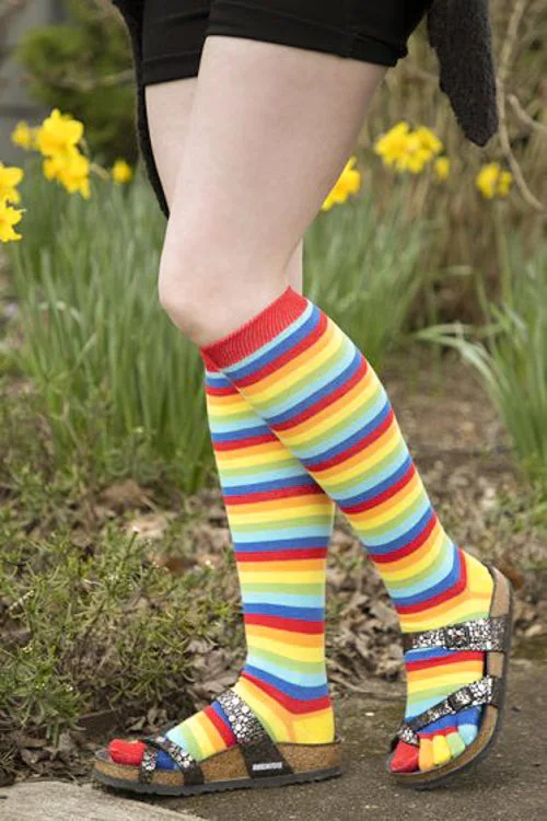 Grip ankle socks for pilates-Rainbow Stripe Knee High Toe Socks