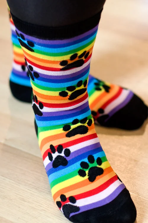 Thin dress ankle socks for suits-Rainbow Stripe Paw Print Crew