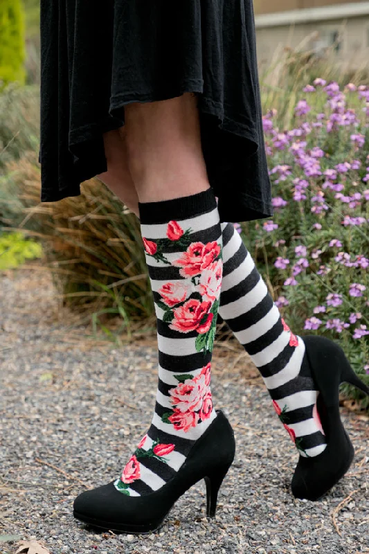 Large compression crew socks for travel-Romantic Rose Knee High