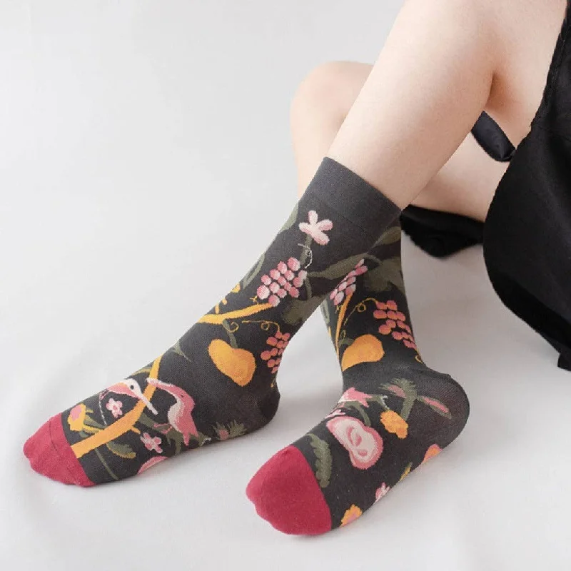 Cozy wool socks for winter-Rufia Summer Floral Pattern Socks in Black