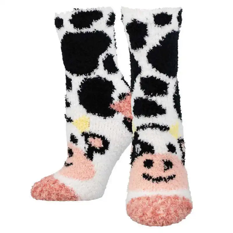 Organic cotton socks for eco-conscious-'Moo Cow' Printed Plush Women's Socks