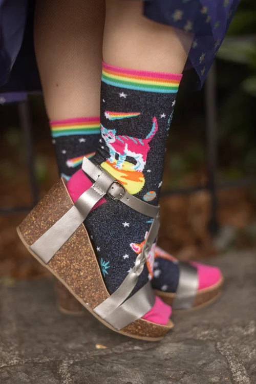 Colorful ankle socks for statement look-Space Cat Crew