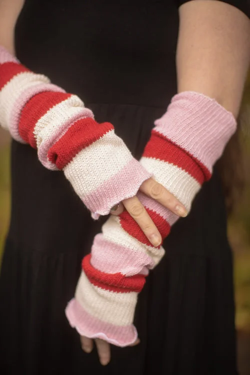 Rustic hand-knitted ankle socks for texture-Strawberry Shortcake Stripes Warmers