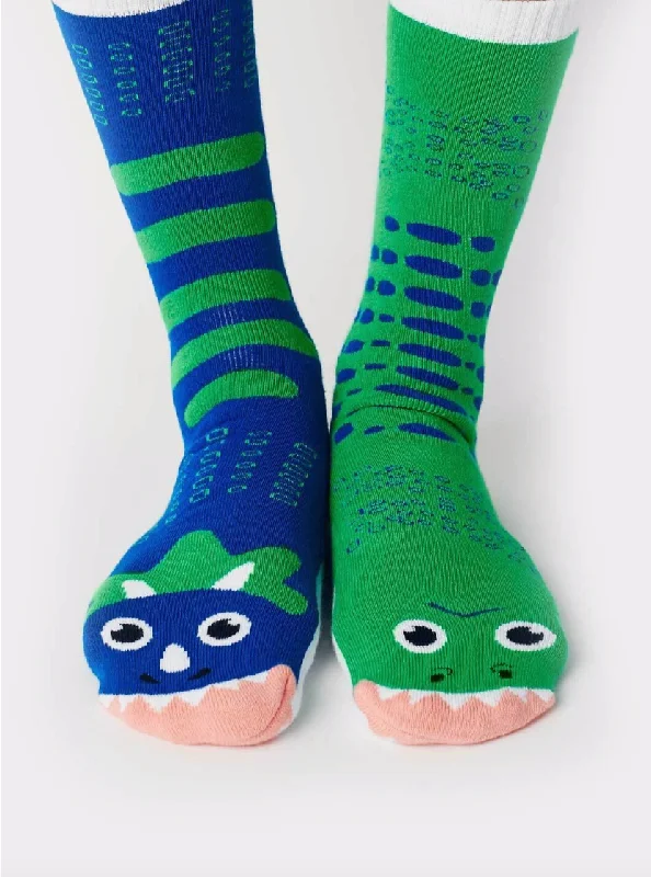 Organic bamboo crew socks for eco-T-Rex and Triceratops | Adult Socks| Fun Mismatched Socks