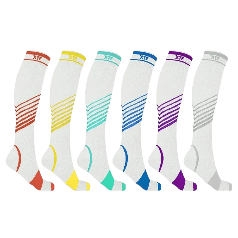 Breathable athletic socks for fitness-Ultra V-Striped White Edition Knee-High Compression Socks (6-Pairs)