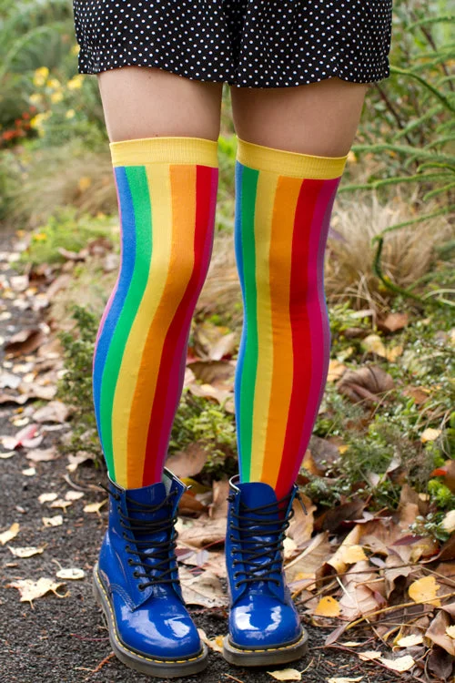 Custom embroidered crew socks for branding-Vertical Rainbow Over the Knee