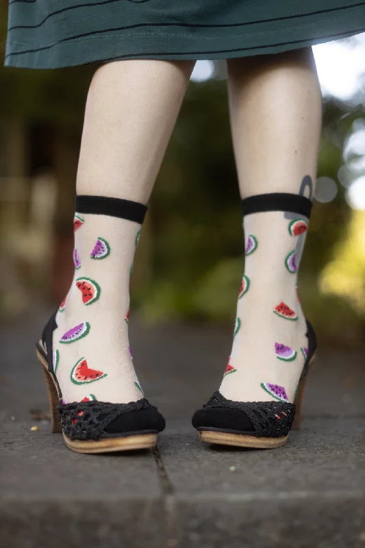 Plush ankle socks for lounging-Watermelon Clear Crew