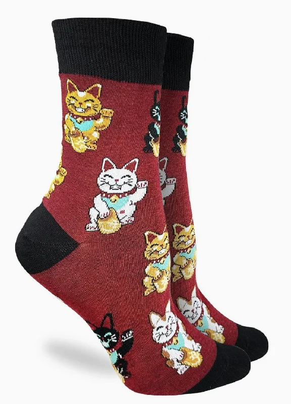 Long hiking socks for durability-Women's Lucky Waving Cat Crew Sock