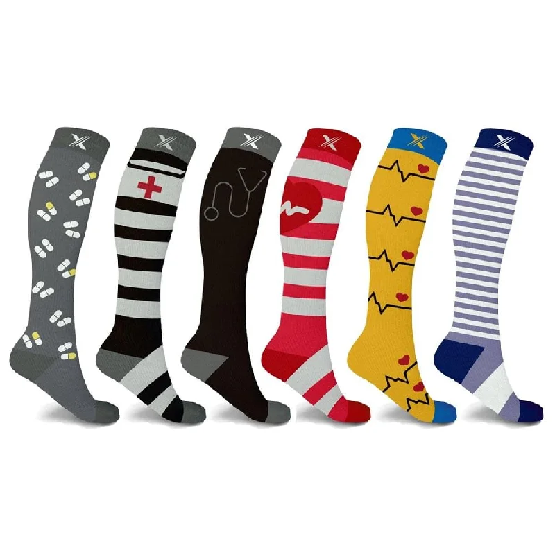 Small patterned crew socks for children-XTF Medical Prints Knee-High Compression Socks (6-Pairs)